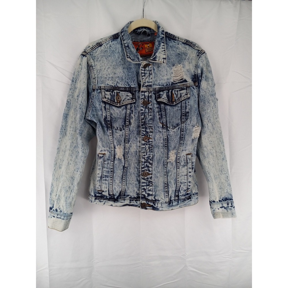 rolling paper Acid Wash Collared Distressed‎ Denim Jacket Size M Unisex